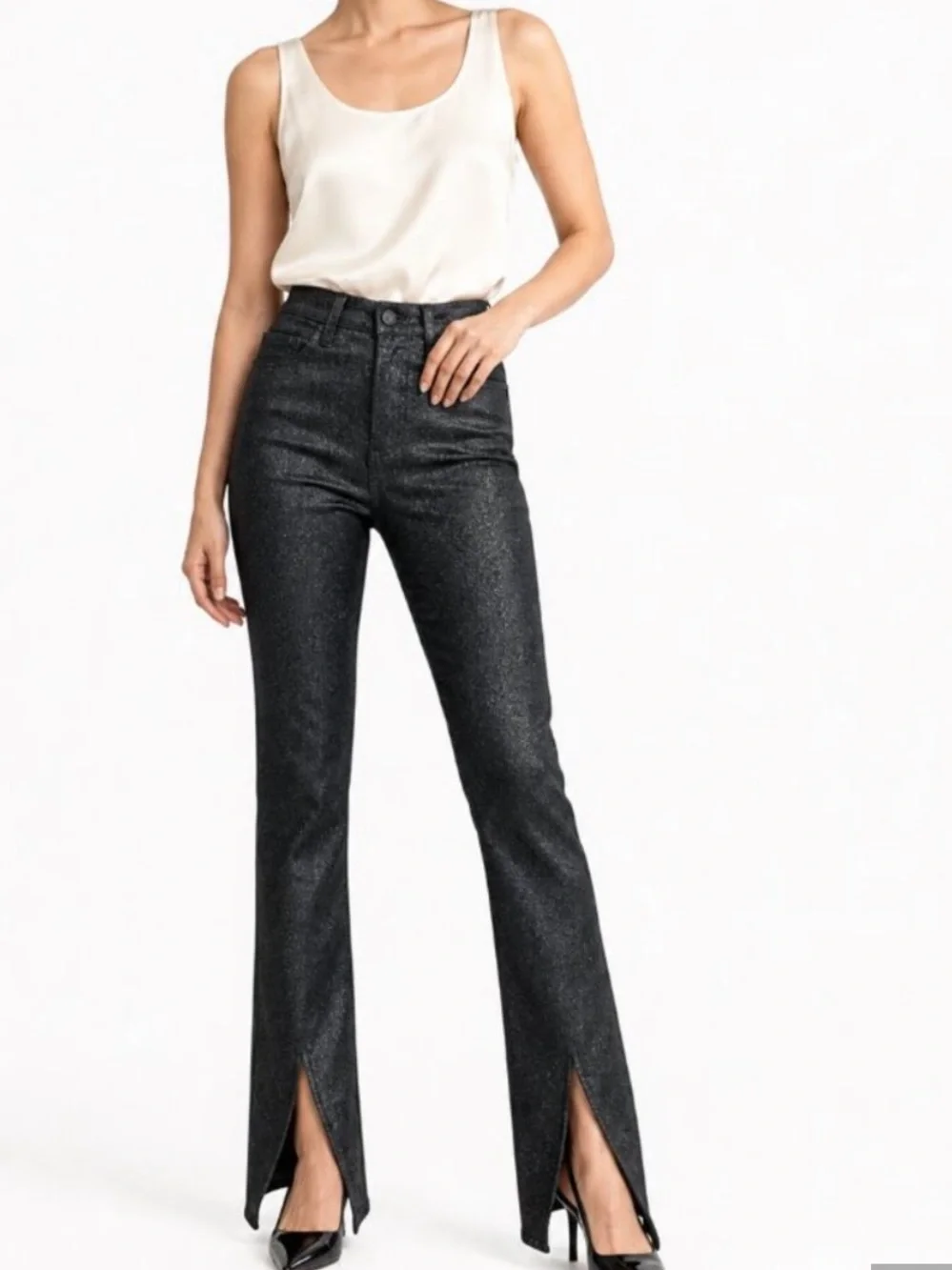 NWT Pistola Colleen High Rise Slim Boot Jean 26 Stargaze Black Glitter Split Hem